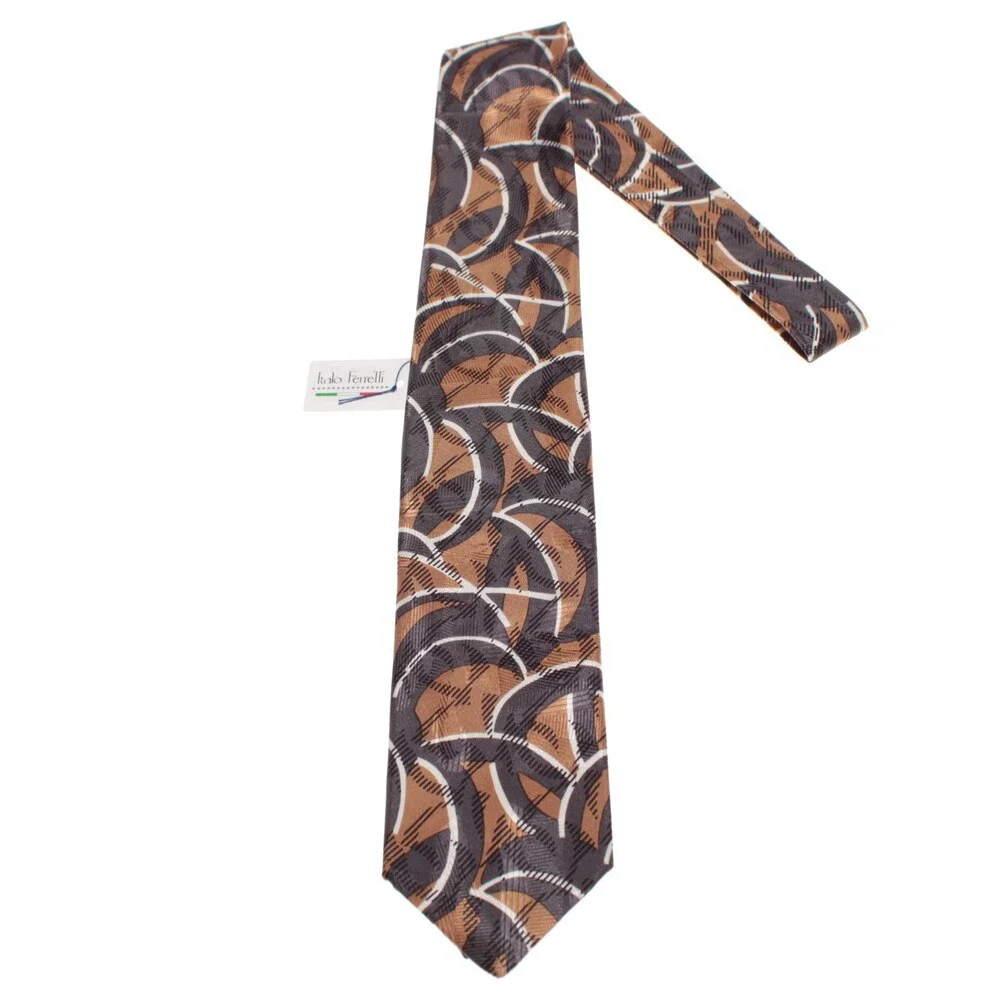Italo Ferretti NWT Neck Tie in Brown / Gray / White Abstract Print 100% Silk